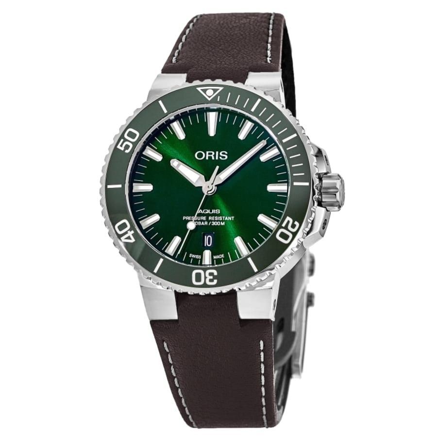 Oris Aquis Date Leather Strap Green Dial Automatic Diver's 01 733 7732 4157-07 5 21 10FC 300M Men's Watch