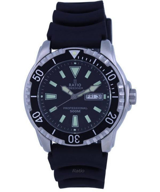 Ratio FreeDiver Black Dial PU Strap Quartz 48HA90-12-BLK 500m Men's Watch