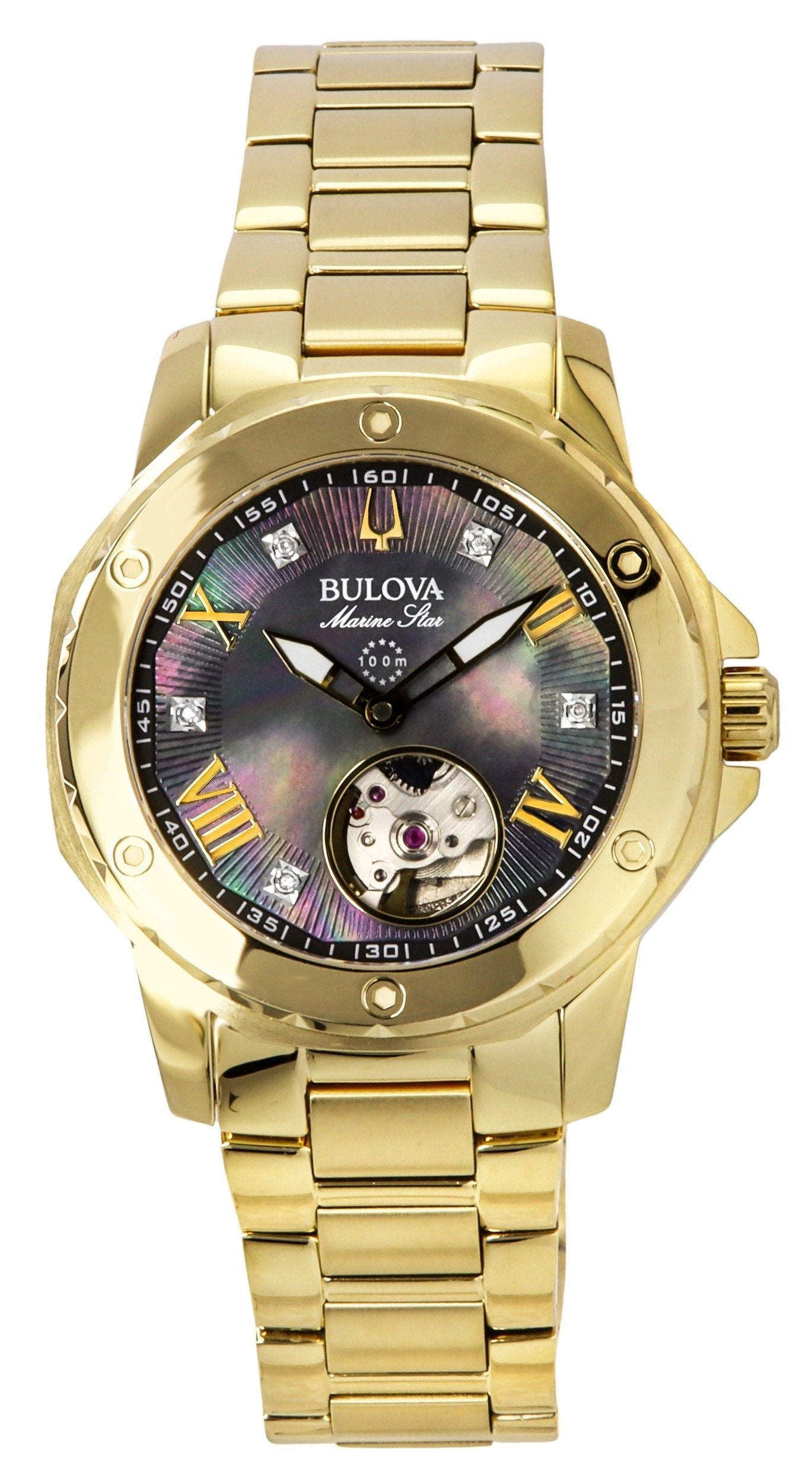 Bulova Marine Star Gold Tone Stainless Steel Black Mother Of Pearl Dial Automatic 97P171 100M Women's Watch