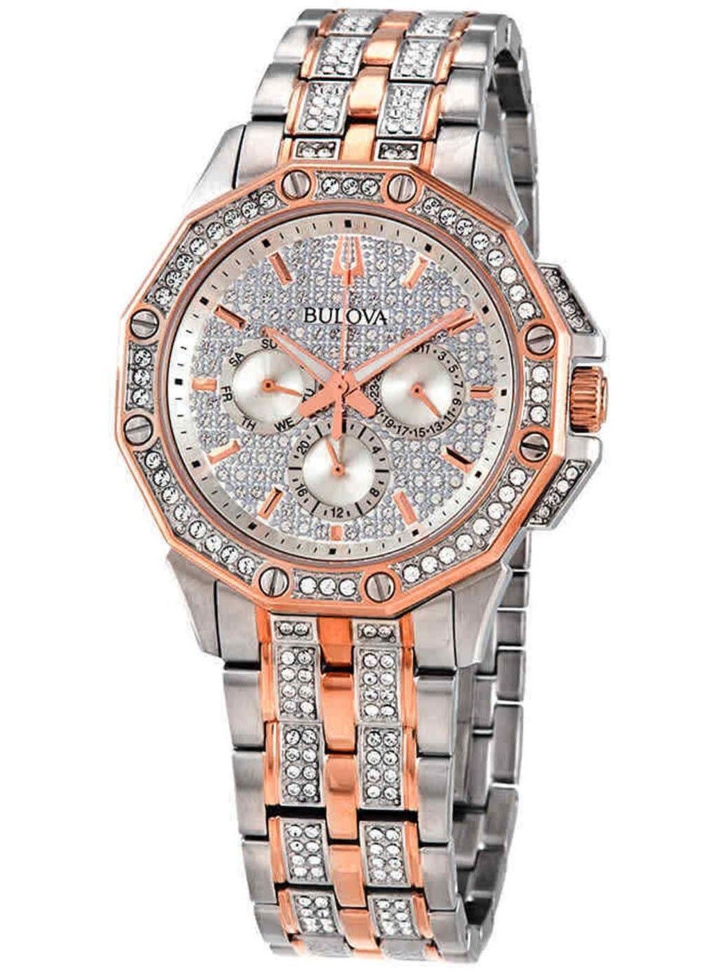 Bulova Octava Crystal Accents Two Tone Silver Multifunction Dial Quartz 98C133 Men's Watch