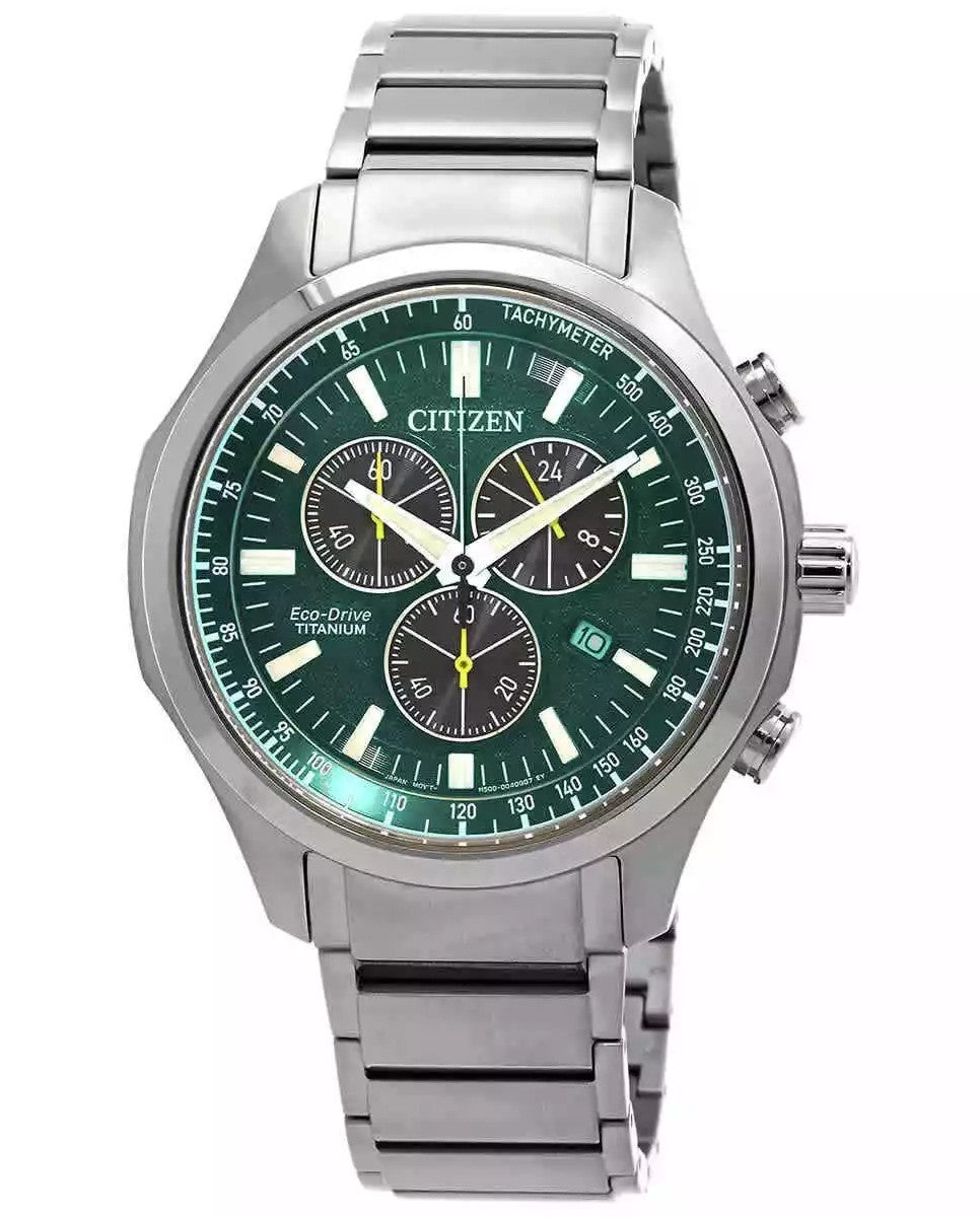 Citizen Eco-Drive Super Titanium Chronograph Green Dial AT2530-85X 100M Men's Watch