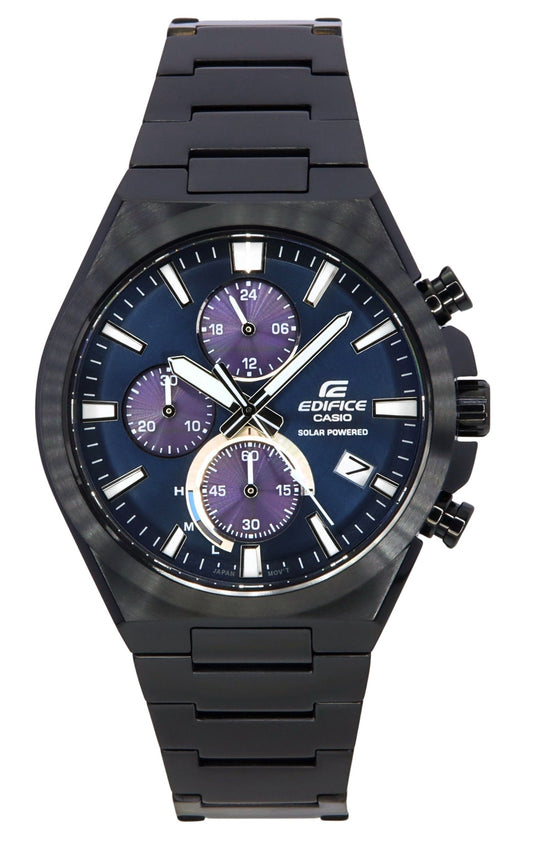 Casio Edifice Analog Chronograph Black Ion Plated Stainless Steel Blue Dial Solar EQS-950DC-2A 100M Men's Watch