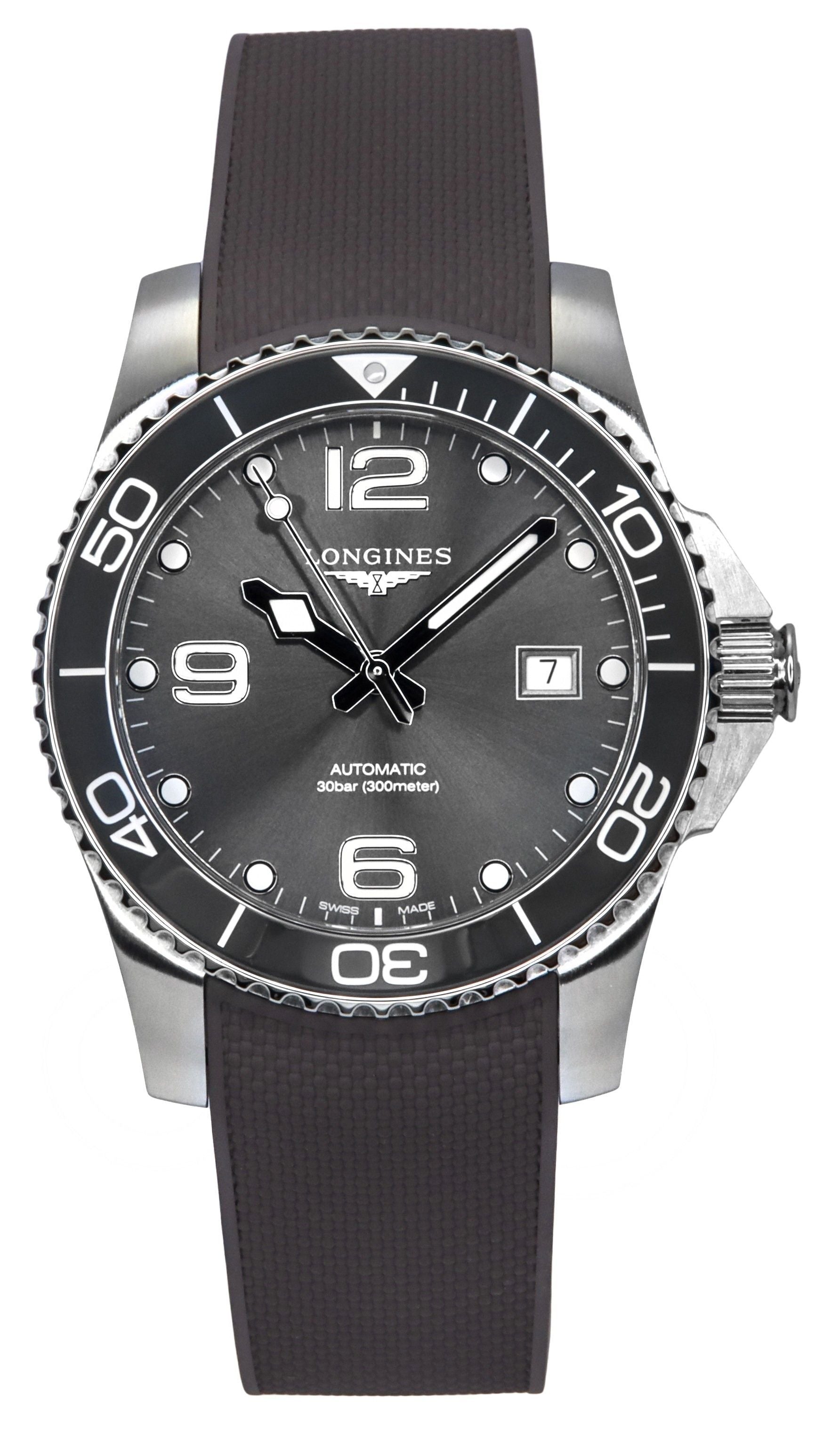 Longines Hydroconquest Rubber Strap Sunray Grey Dial Automatic Diver's L3.781.4.76.9 300M Men's Watch