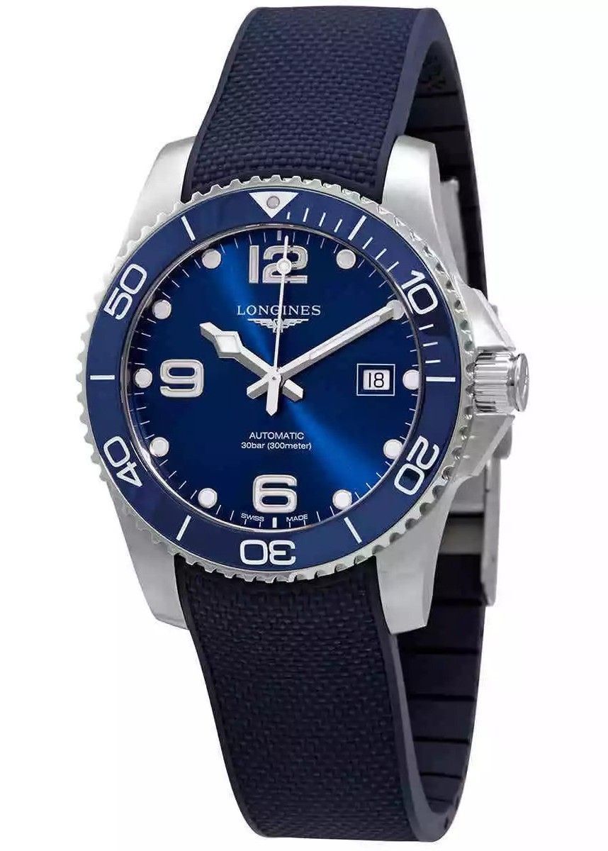 Longines Hydroconquest Rubber Strap Sunray Blue Dial Automatic Diver's L3.781.4.96.9 300M Men's Watch