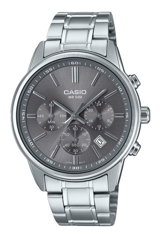 Casio Standard Analog Chronograph Stainless Steel Grey Dial Quartz MTP-E515D-8AV Men's Watch