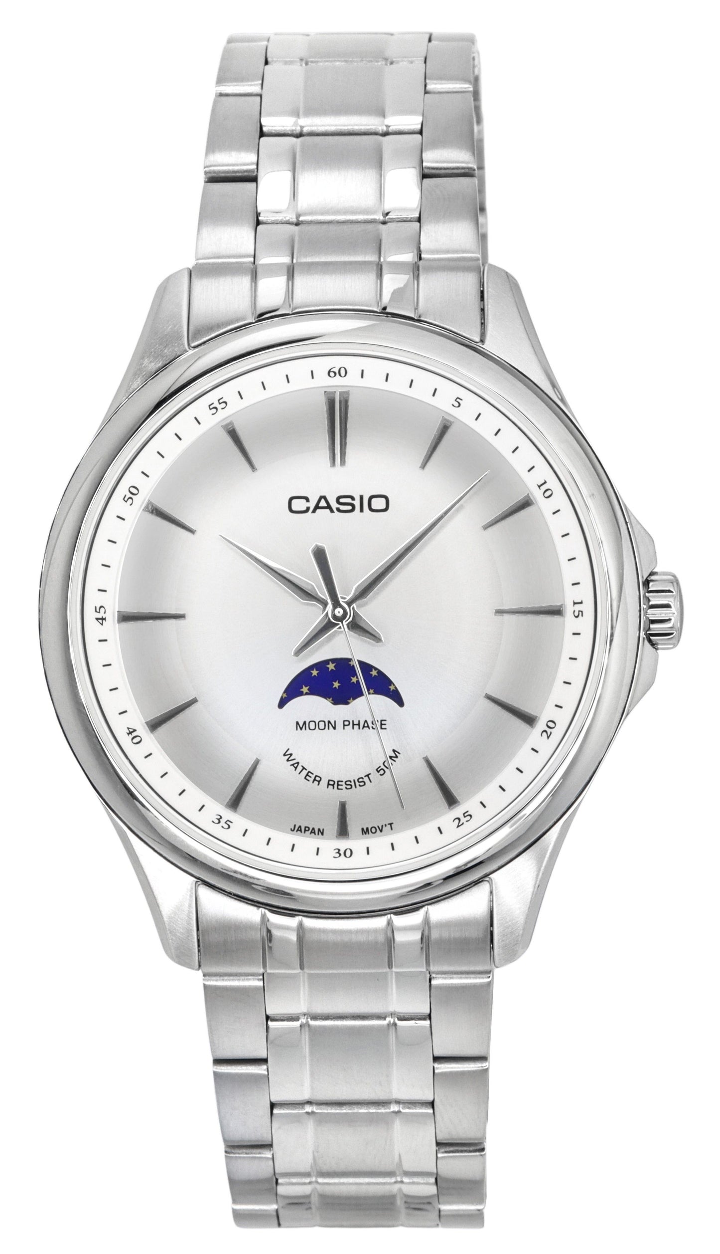 Casio Standard Analog Moon Phase Stainless Steel Silver Dial Quartz MTP-M100D-7A Men's Watch