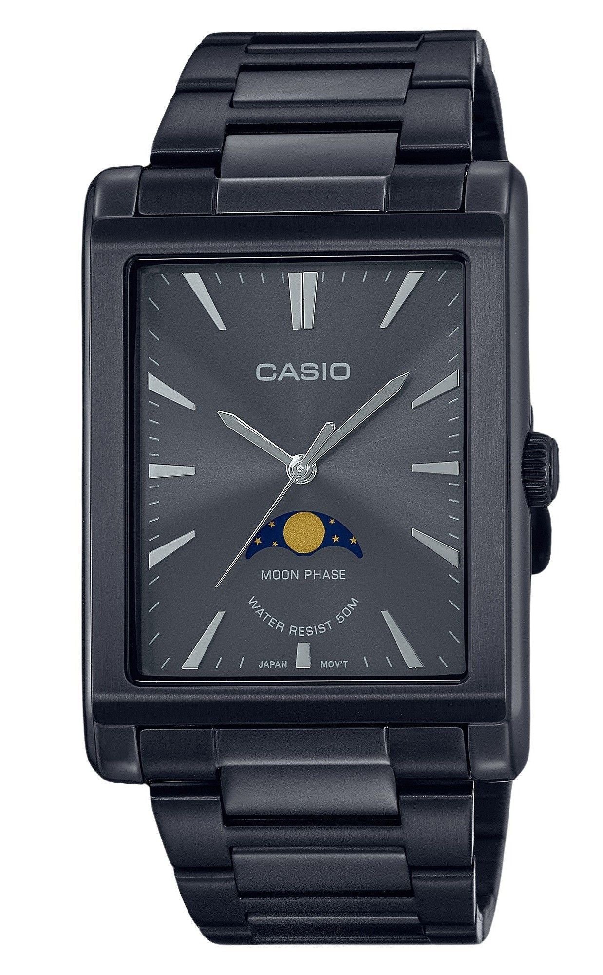 Casio Standard Analog Moon Phase Stainless Steel Black Dial Quartz MTP-M105B-1A Men's Watch