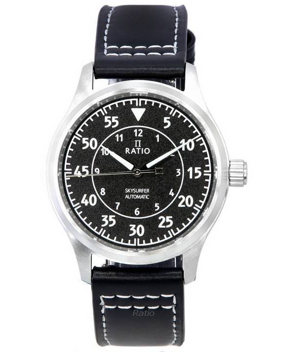 Ratio Skysurfer Pilot Black Textured Dial Leather Automatic RTS320 200M Men's Watch