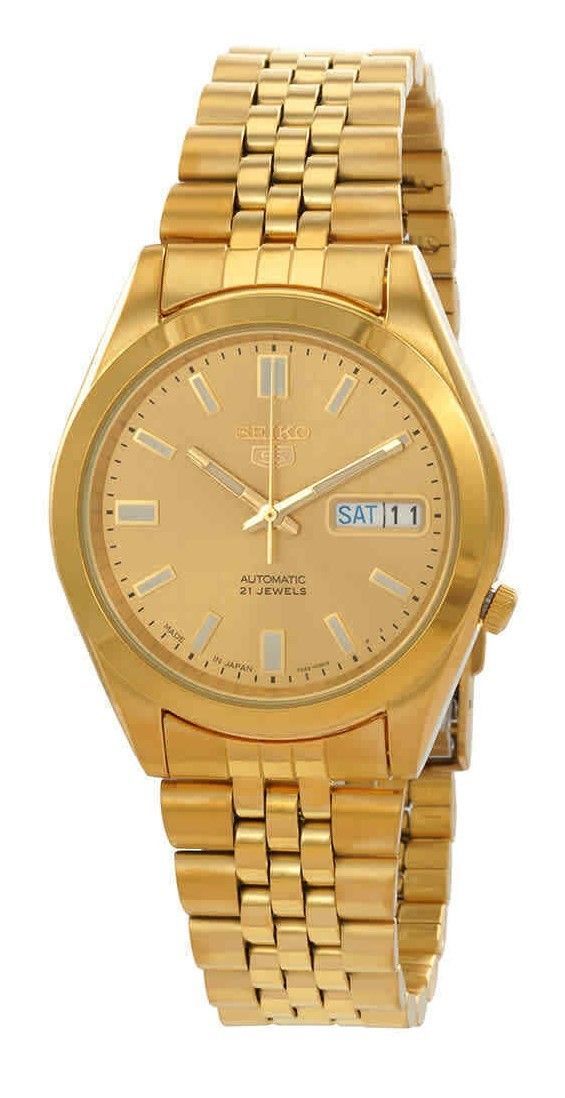 Seiko 5 Gold Tone Stainless Steel Gold Dial Automatic 21 Jewels SNKF90J1 Men's Watch