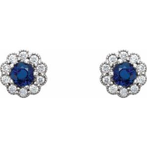 14K White 3.2 mm Natural Blue Sapphire & 1/6 CTW Natural Diamond Earrings - BN & CO JEWELRY