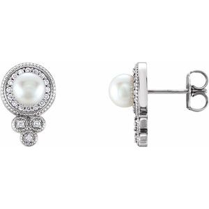 14K White Cultured White Freshwater Pearl & 1/5 CTW Natural Diamond Earrings - BN & CO JEWELRY