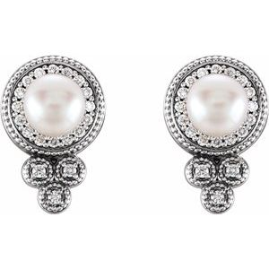 14K White Cultured White Freshwater Pearl & 1/5 CTW Natural Diamond Earrings - BN & CO JEWELRY