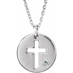 Sterling Silver .03 CT Natural Diamond Pierced Cross Disc 16-18" Necklace - BN & CO JEWELRY