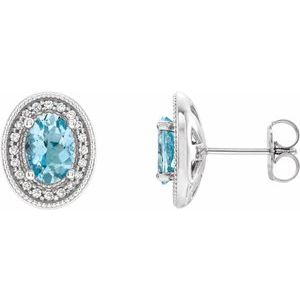 14K White 6x4 mm Natural Aquamarine & 1/5 CTW Natural Diamond Halo-Style Earrings - BN & CO JEWELRY