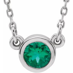 Rhodium-Plated Sterling Silver 4 mm Round Imitation Emerald Solitaire 16" Necklace - BN & CO JEWELRY