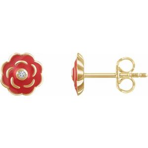 10K Yellow .01 CTW Natural Diamond Enamel Flower Earrings - BN & CO JEWELRY