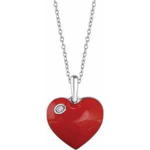 Sterling Silver .02 CT Natural Diamond Red Enamel Heart 18" Necklace - BN & CO JEWELRY