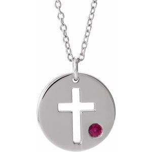 Sterling Silver Imitation Ruby Pierced Cross Disc 16-18" Necklace - BN & CO JEWELRY