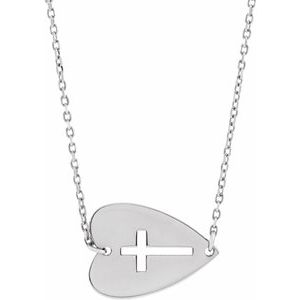 Sterling Silver Sideways Heart with Pierced Cross 18" Necklace - BN & CO JEWELRY