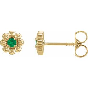 14K Yellow Lab-Grown Emerald Petite Flower Beaded Earrings - BN & CO JEWELRY