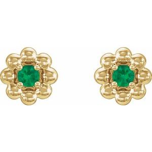 14K Yellow Lab-Grown Emerald Petite Flower Beaded Earrings - BN & CO JEWELRY